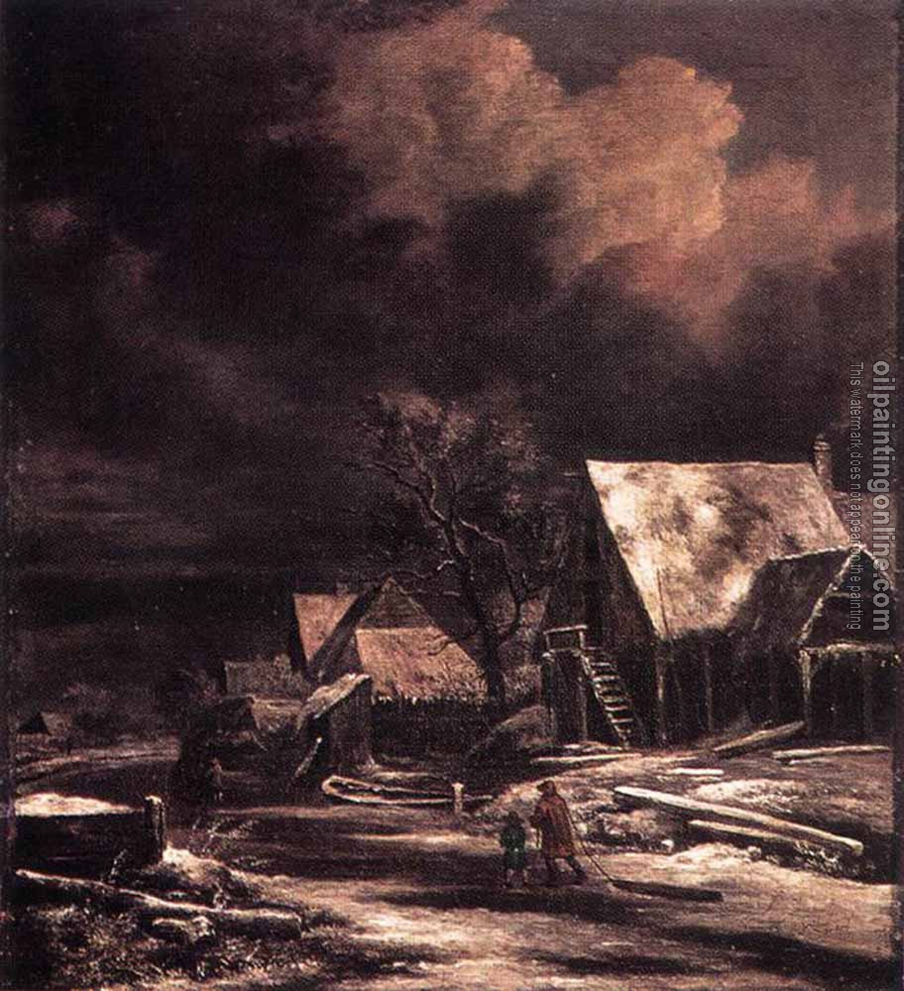 Jacob van Ruisdael - Village At Winter At Moonlight